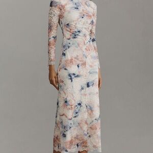 Anthropologie Lace Long-Sleeve Midi Dress in Blush, Navy & White